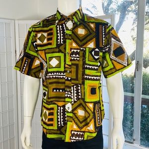 Vintage Mens Malihini Hawaiian Tiki Print Shirt, M.